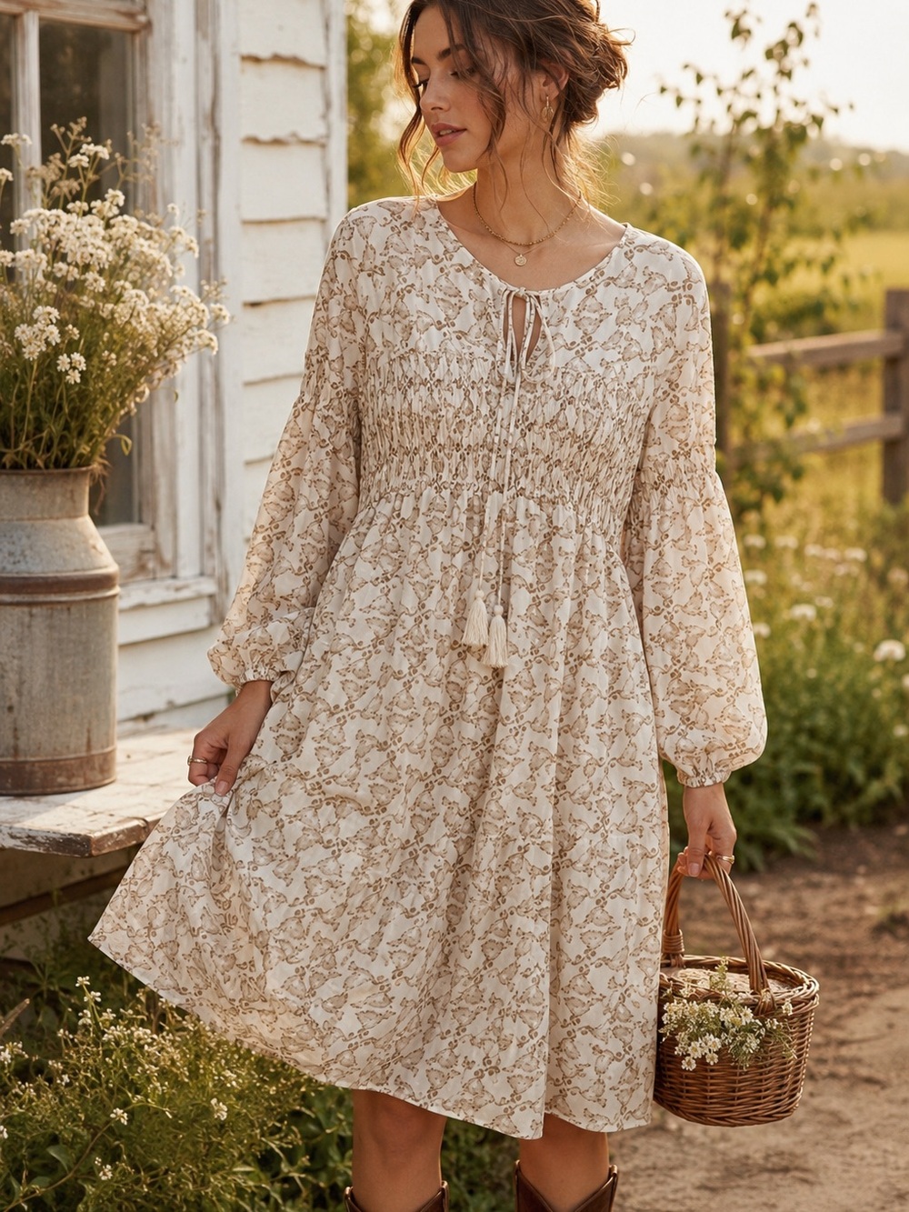 Magnolia South Bird Print Prairie Dress Cottagecore Smocked Boho Midi M